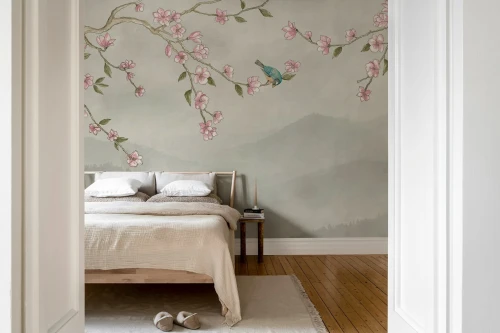 Fototapeta ptak na kwitnącym drzewie Rebel Walls R21756 Bird in Tree Beige Hot Pops