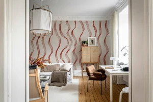 Fototapeta falujące linie Rebel Walls R22096 Ribbon Stripe Red Hot Pops