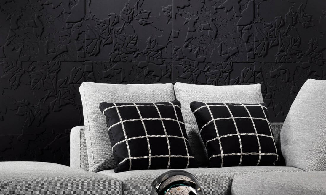 Tapeta tekstylna czarna na wezgłowie łóżka Arte 43501 Feuillage Eclipse Black & White Edition
