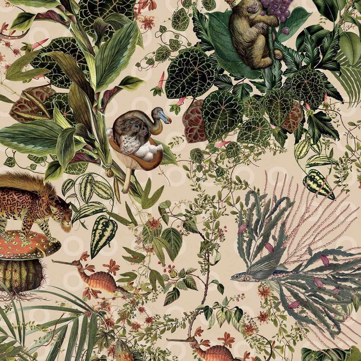 Tapeta ze zwierzętami na wezgłowie łóżka Arte Moooi MO2072 Menagerie of Extinct Animals Ivory