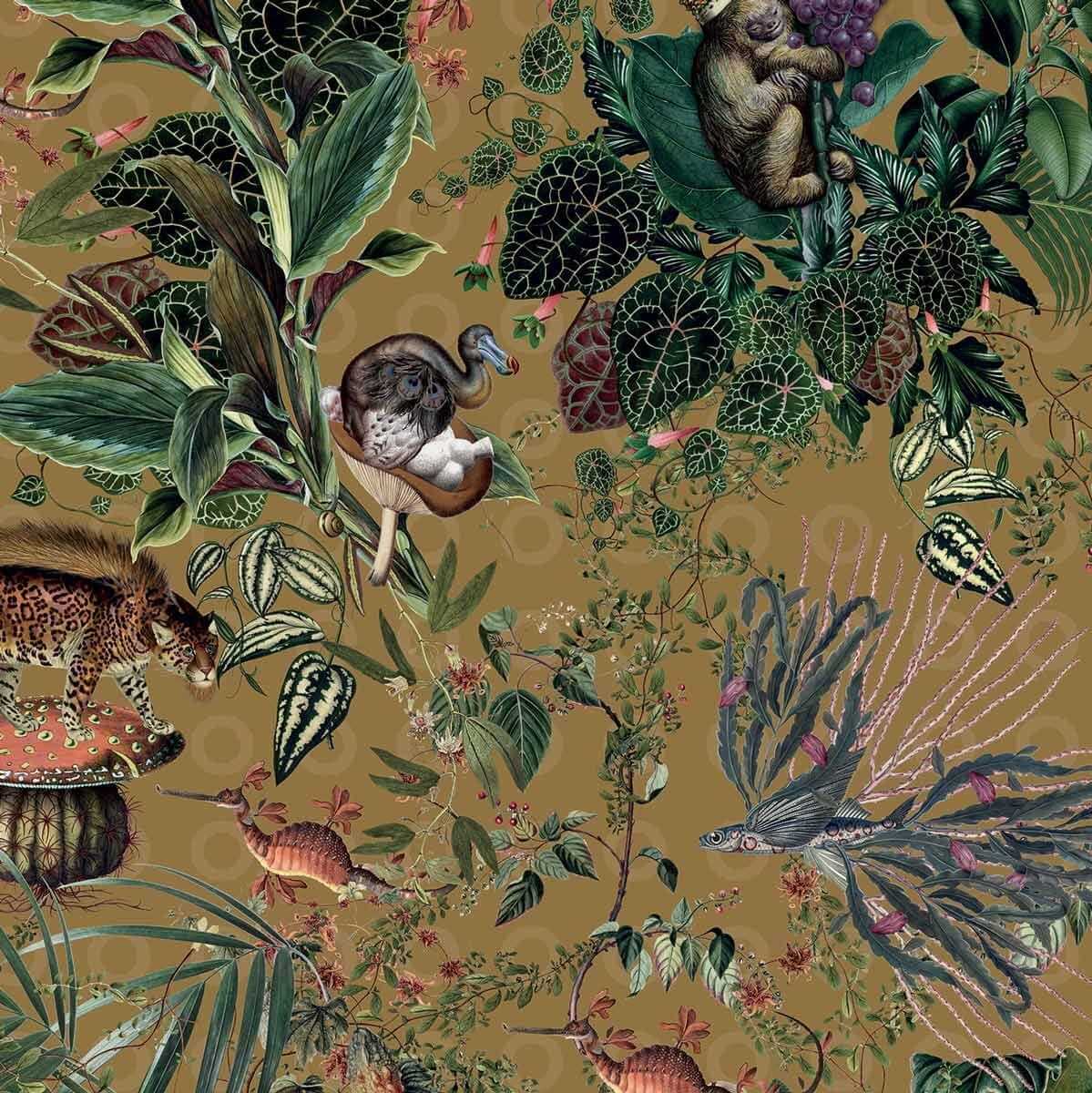 Tapeta tekstylna ze zwierzetami Arte Moooi MO2074 Menagerie of Extinct Animals Curry