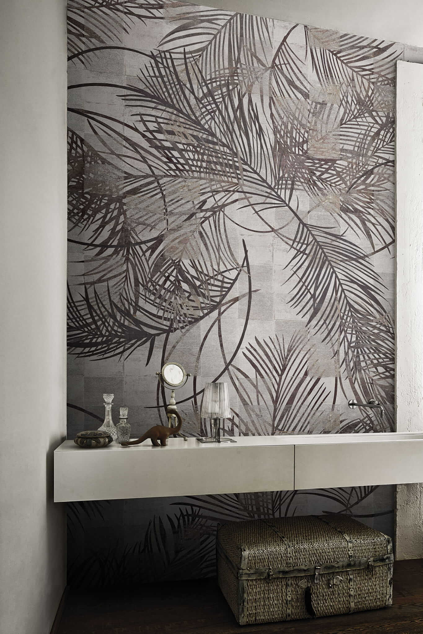 Tapeta Londonart pod prysznic w liście palm