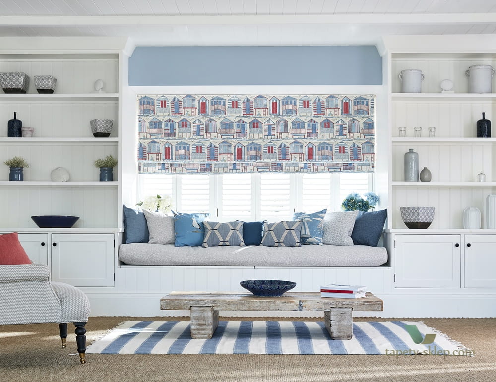 Tapeta marynistyczna Sanderson 216560 Beach Huts Port Isaac