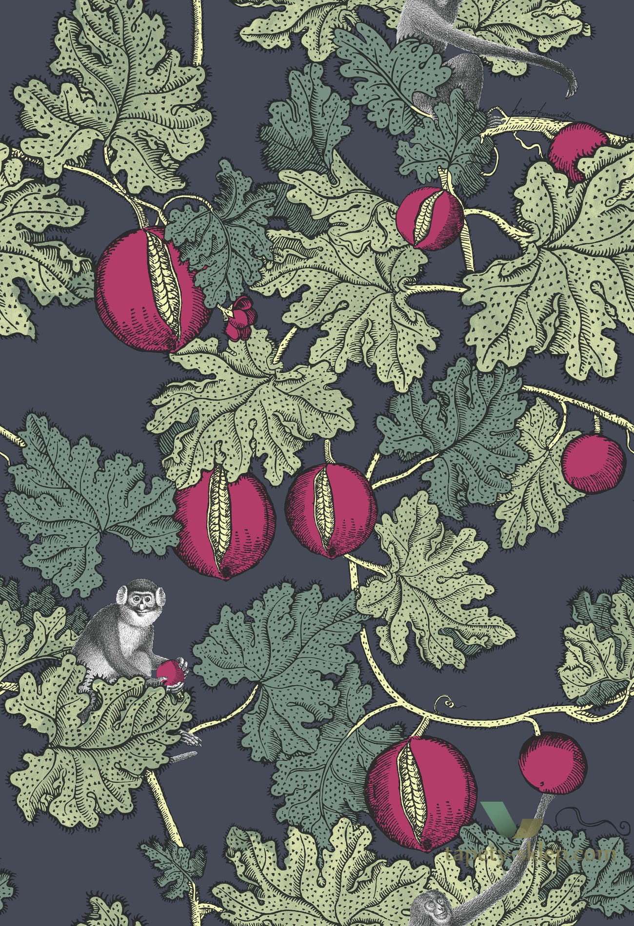 Tapeta Małpy i Owoce Granatu Cole&Son Frutto Proibito 114/1001 Fornasetti Senza Tempo
