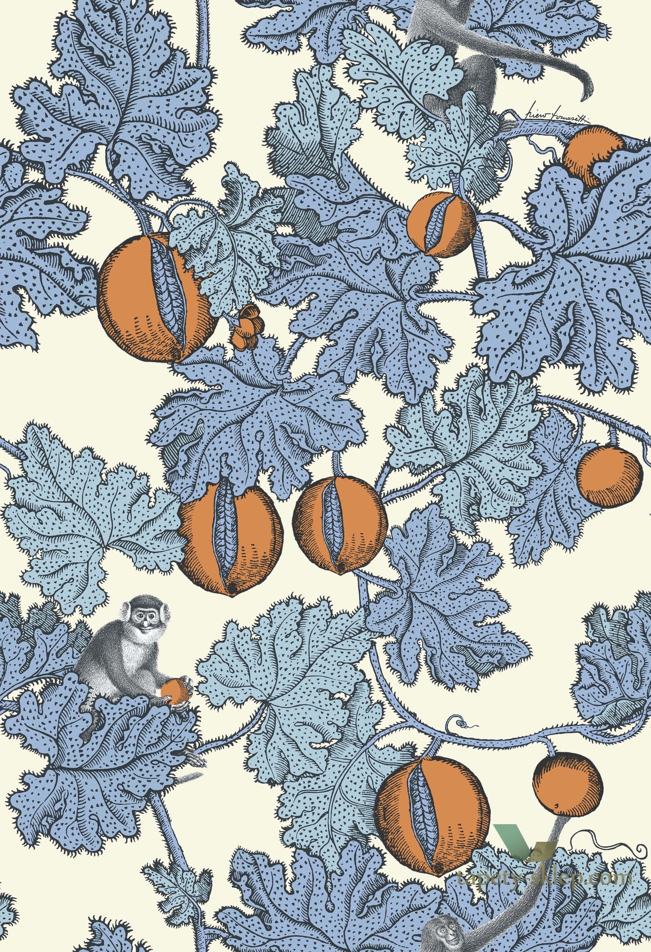 Tapeta Małpy i Owoce Granatu Cole&Son Frutto Proibito 114/1003 Fornasetti Senza Tempo