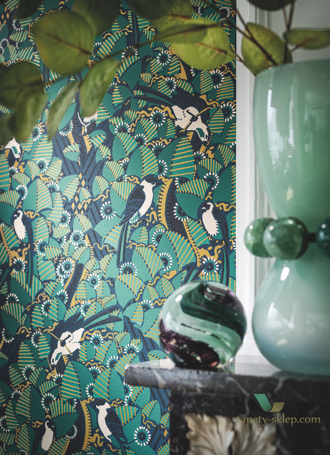 Tapeta w ptaki i liście Casamance Majoliques 74782876 Printemps Viennois