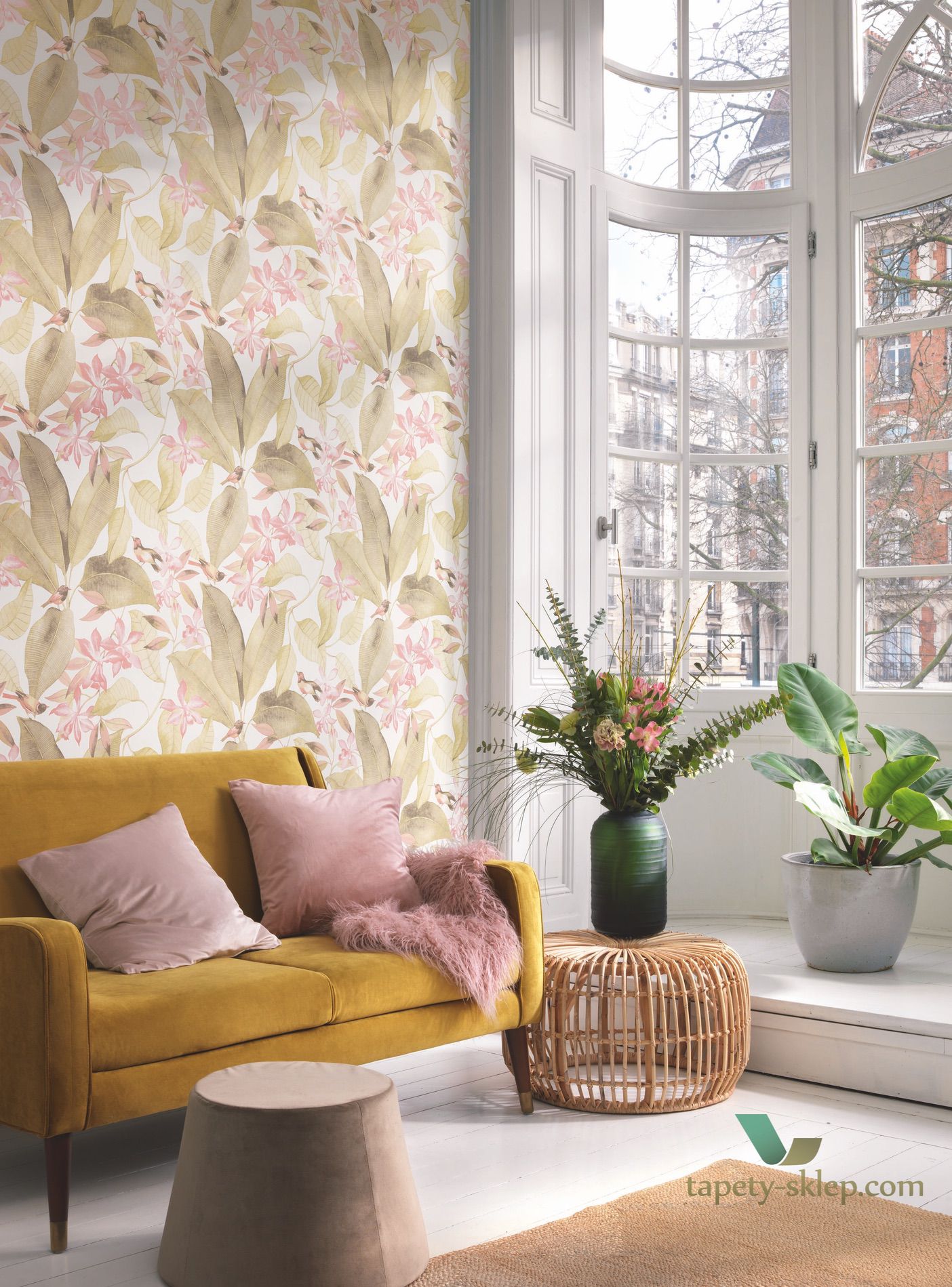 Tapeta egzotyczne rośliny i ptaki Casadeco DELY 85387171 Bridsong Delicacy