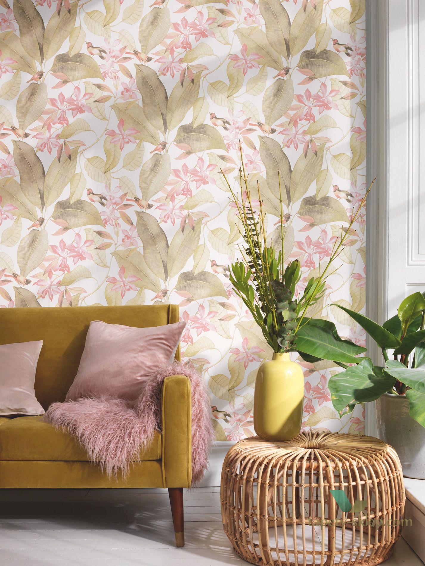 Tapeta egzotyczne rośliny i ptaki Casadeco DELY 85387171 Bridsong Delicacy