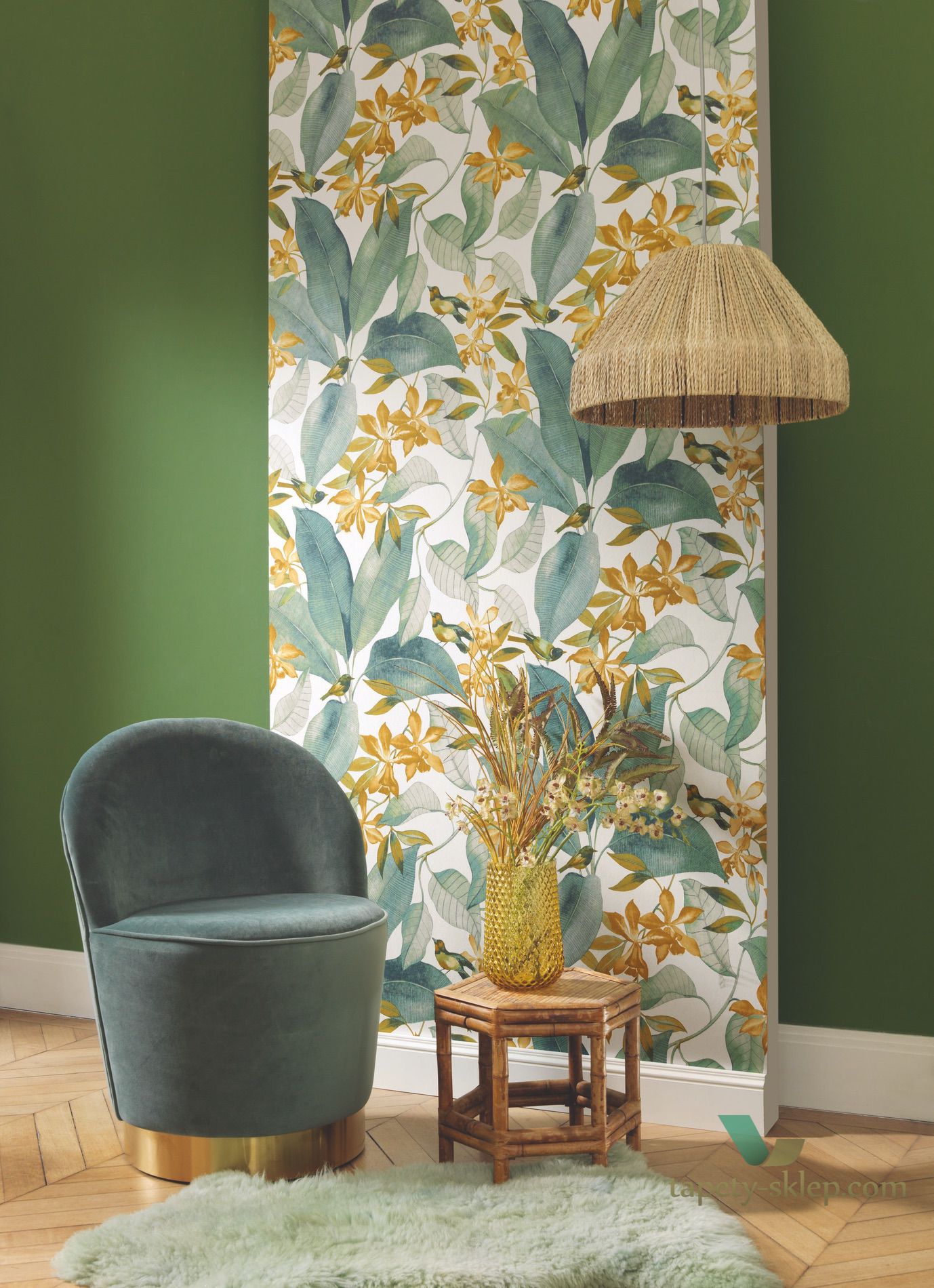 Tapeta egzotyczne rośliny i ptaki Casadeco DELY 85387171 Bridsong Delicacy