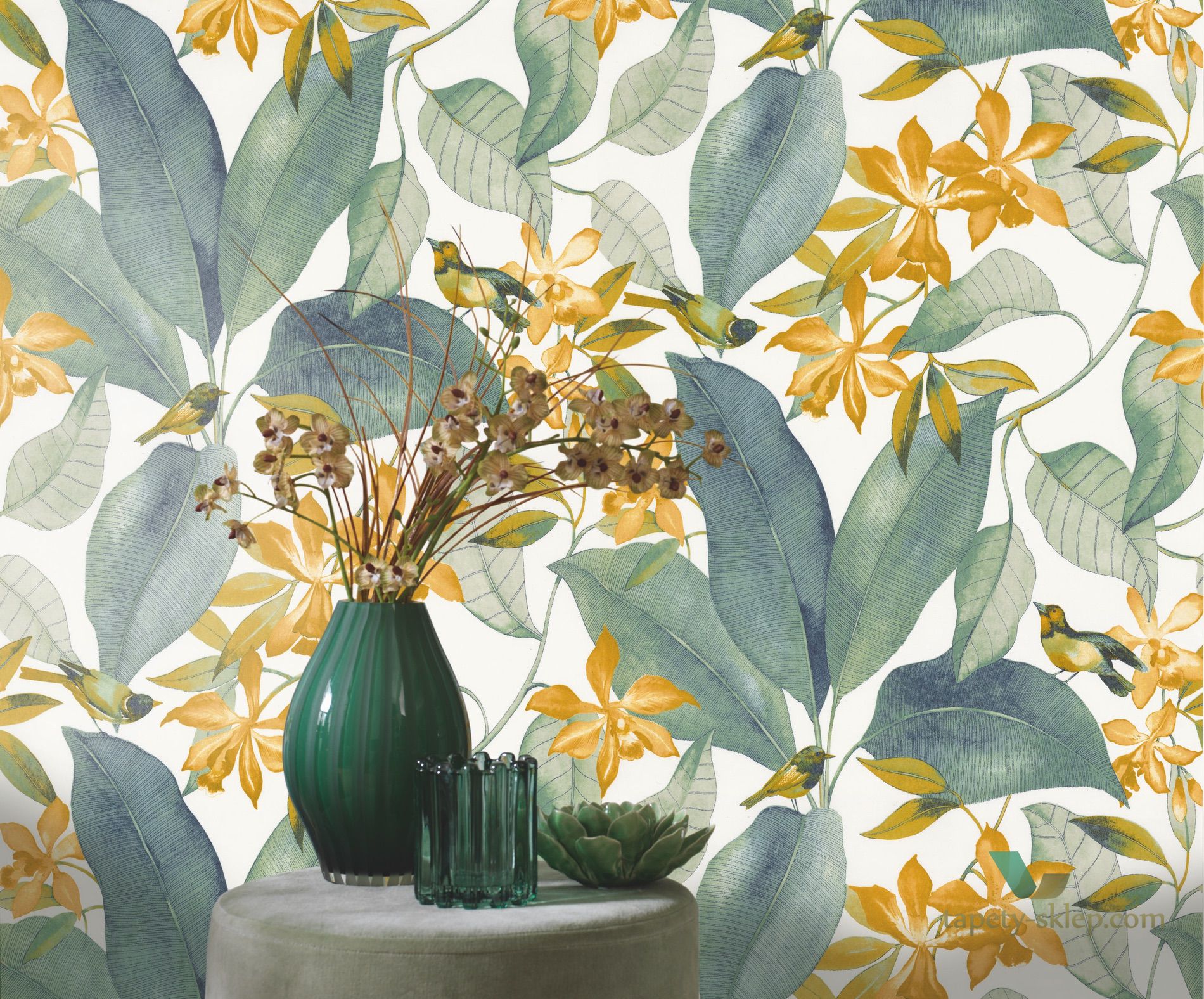 Tapeta egzotyczne rośliny i ptaki Casadeco DELY 85387171 Bridsong Delicacy