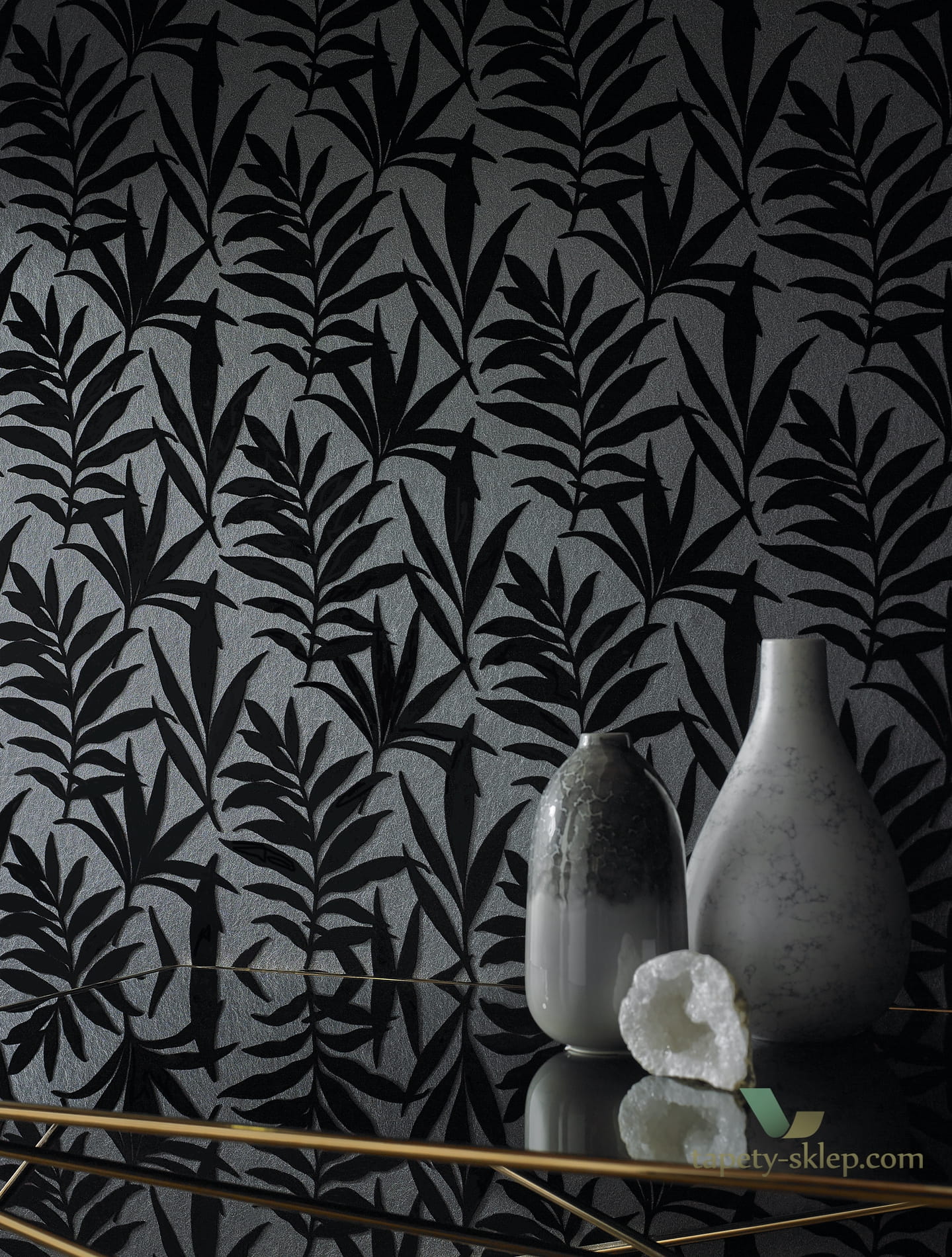 Tapeta 1838 Wallcoverings 1703-113-07 Verdi  Black Flock Camellia