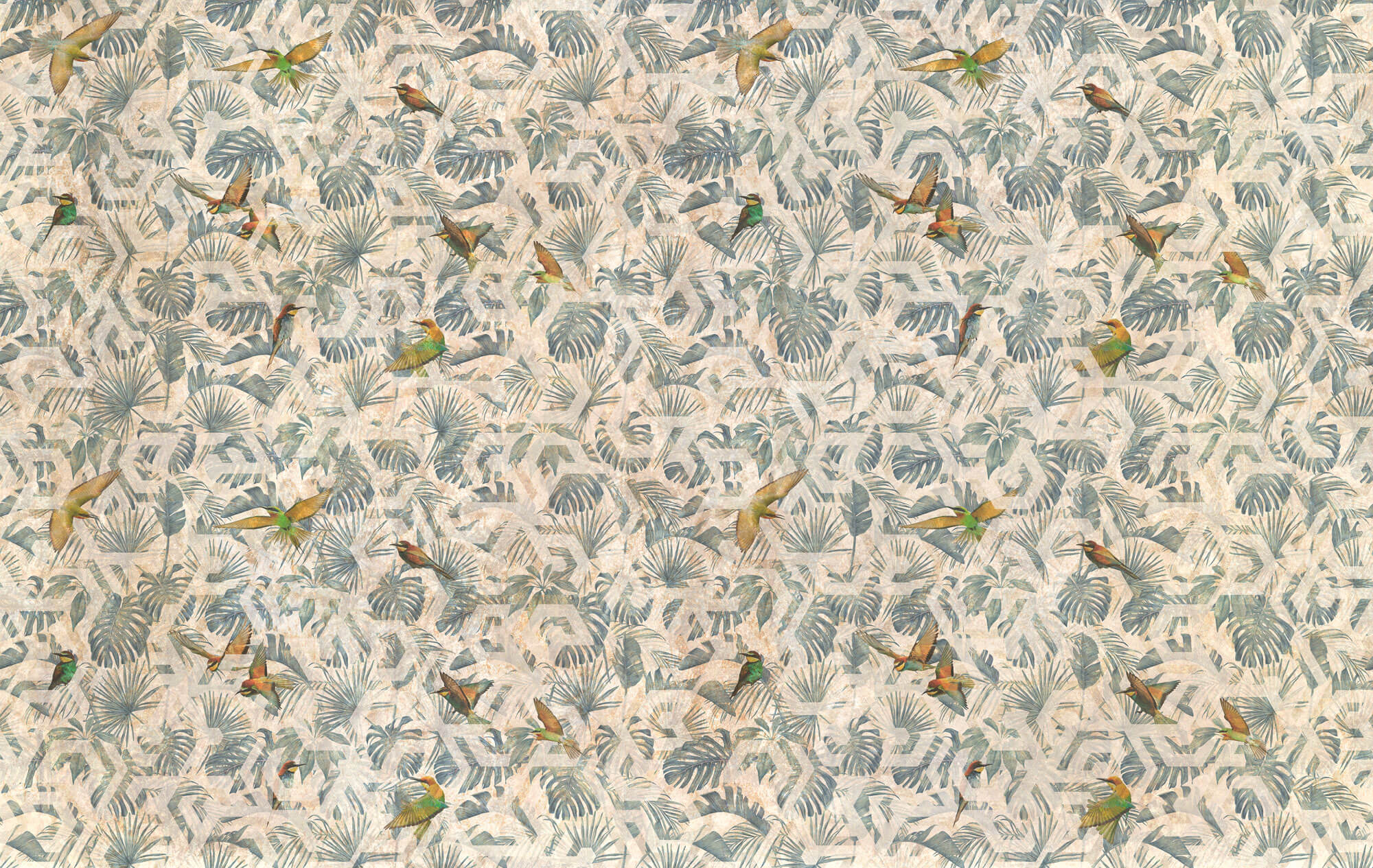 Tapeta tropikalne liscie i ptaki Tecnografica 73131-1 Jumanji Beige