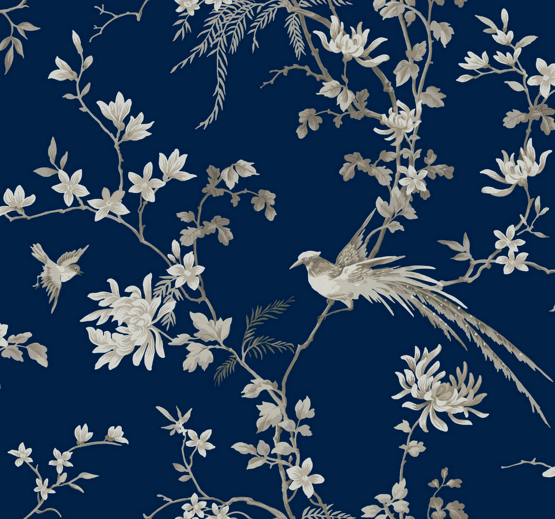 Tapeta w kwiatowe pnącza i ptaki York KT2171 Bird And Blossom Chinoiserie 24 Karat