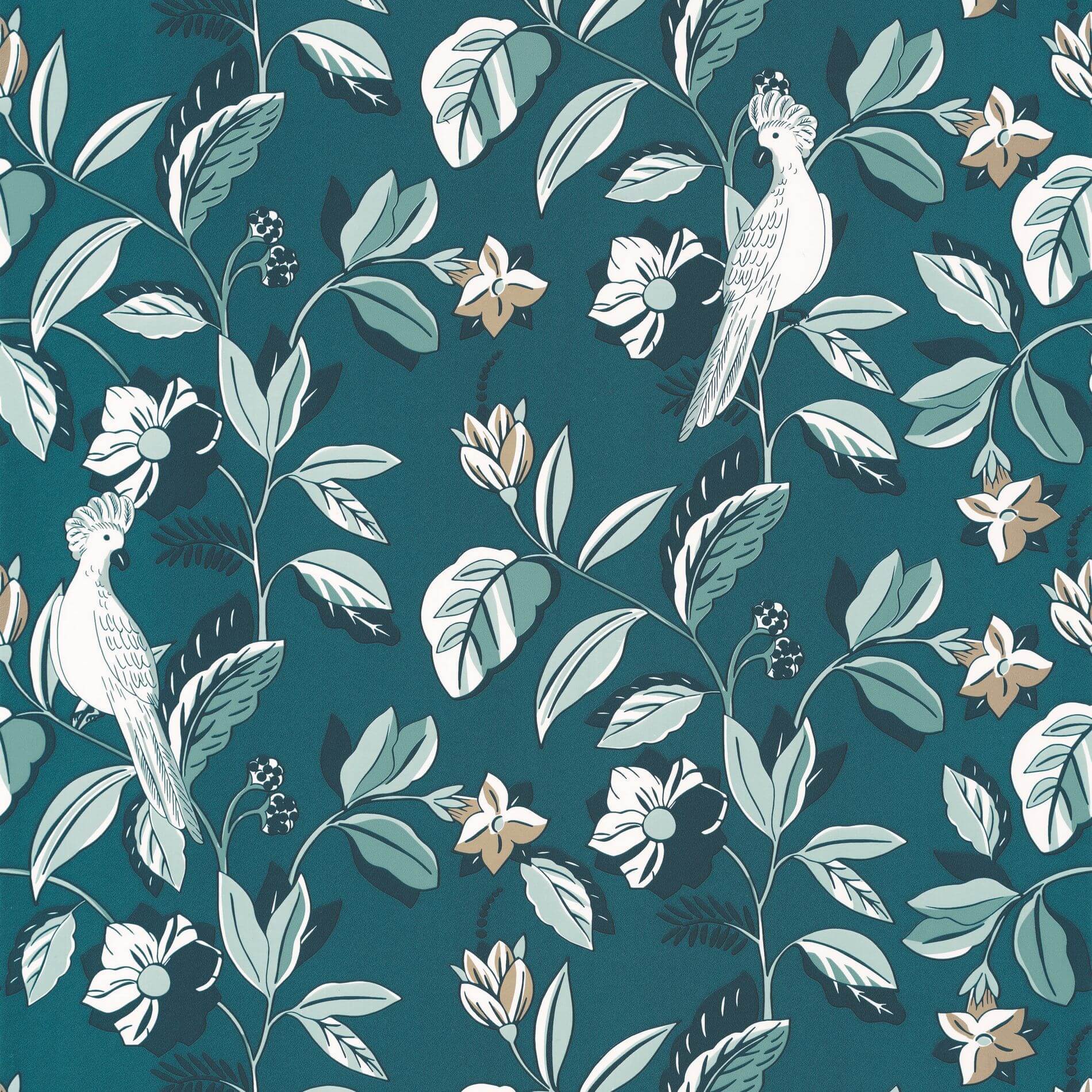 Tapeta w kwiaty i papugi Caselio ONB 102626127 Sweet Feathers Only Blue