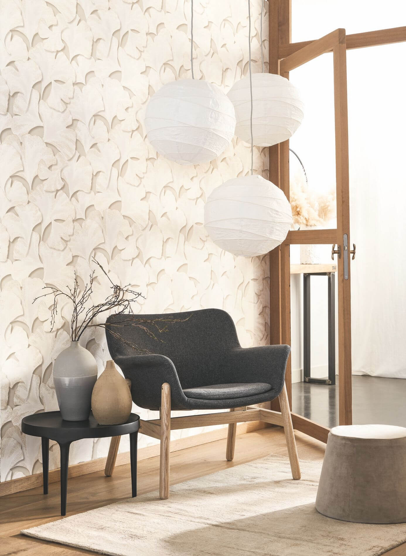 Tapeta w liście Miłorzębu Japońskiego Casadeco GINK 86241212 Biloba Ginkgo