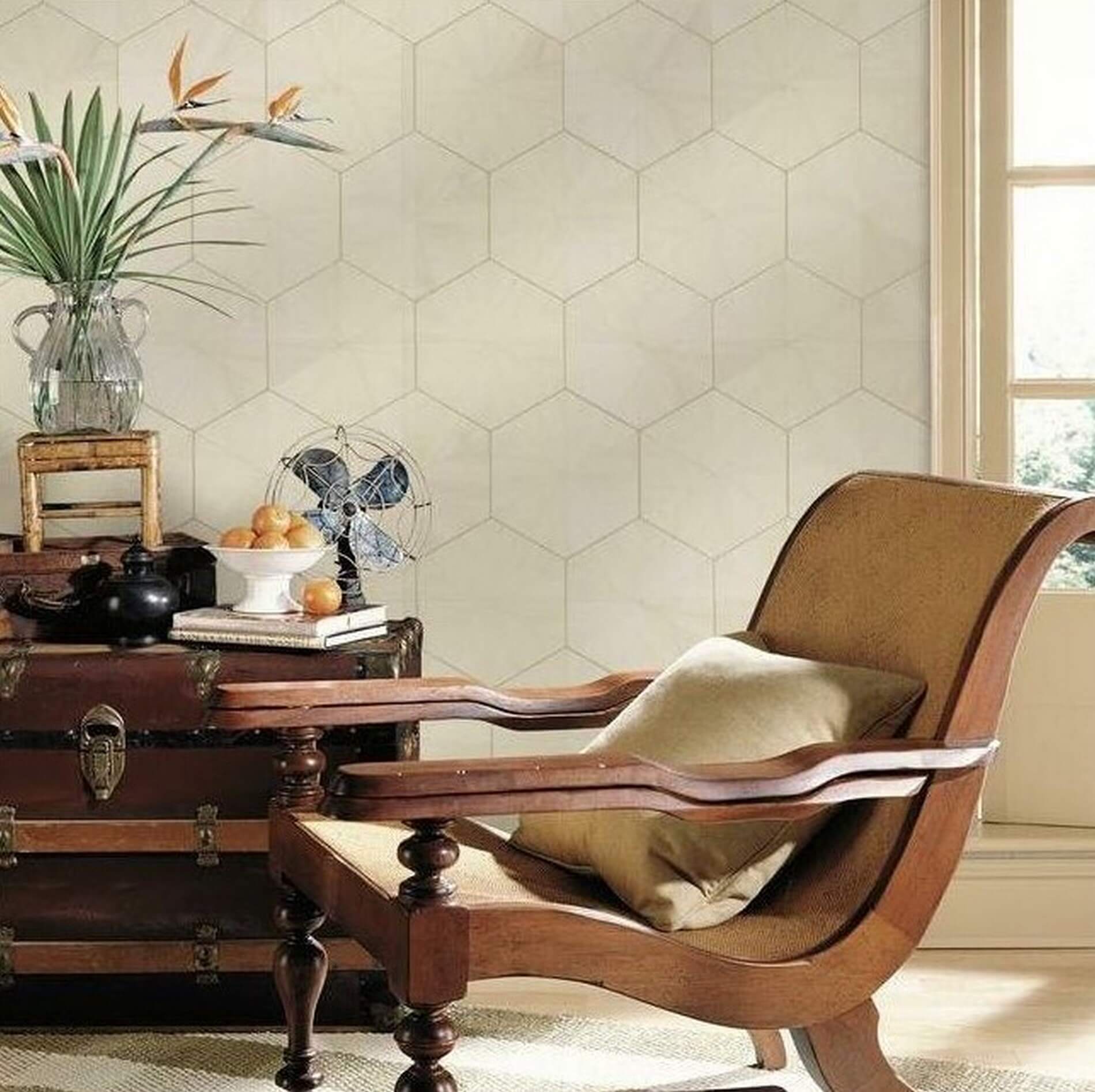 Tapeta Heksagony Fornir York HO2101 Hexagram Wood Veneer Ronald Redding Traveler