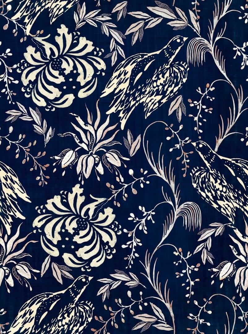 Tapeta Kwiaty i Ptaki Mind The Gap FOLK EMBROIDERY Indigo WP30016 Transylvanian Roots