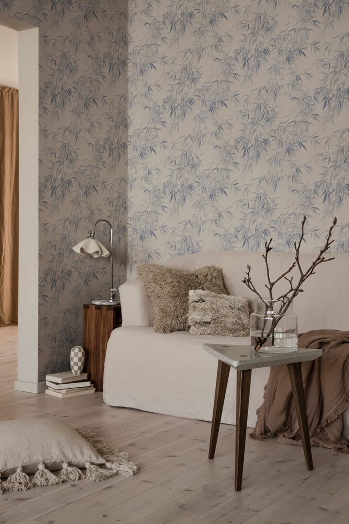Tapeta liście bambusa Sandberg S10115 Jon Indigo Blue Jordnara