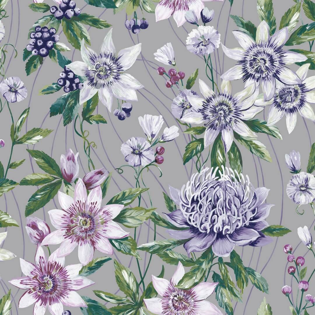Tapeta kwiaty metaliczna srebrna Holden 91323 Passiflora Amazonia