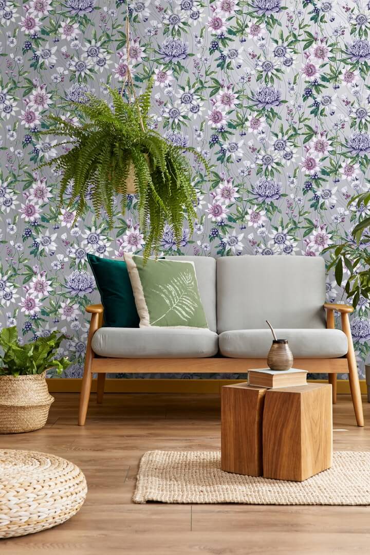 Tapeta kwiaty metaliczna srebrna Holden 91323 Passiflora Amazonia