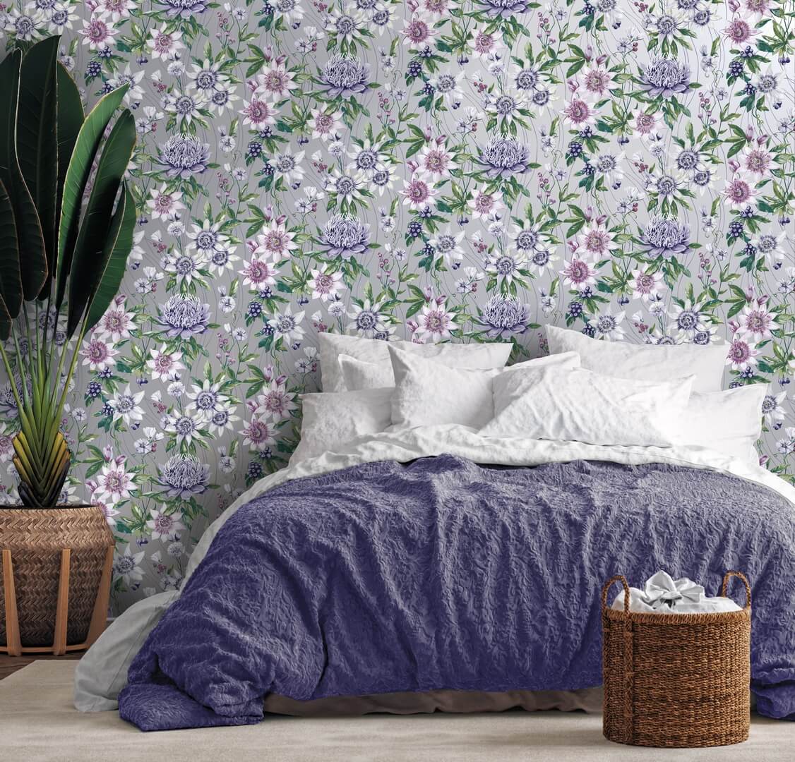 Tapeta kwiaty metaliczna srebrna Holden 91323 Passiflora Amazonia
