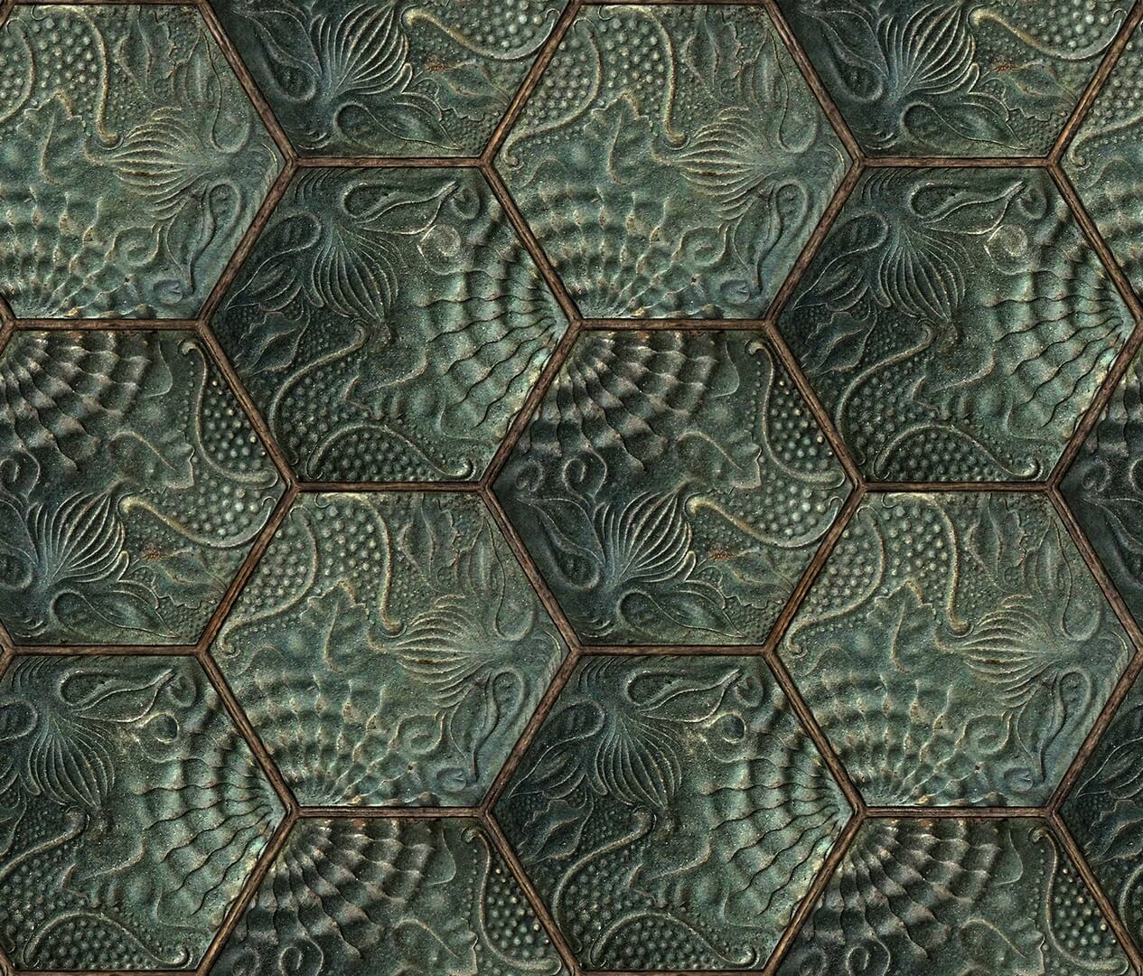 Tapeta heksagony Rebel Walls R18527 Hexagon Tiles Emerald Pops