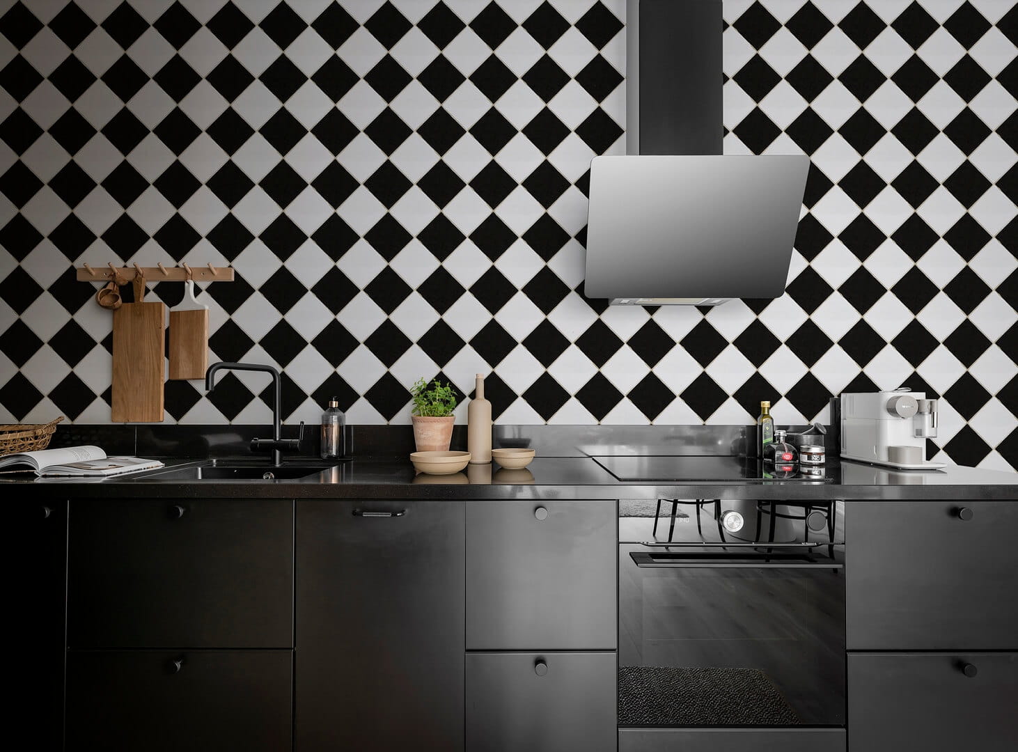 Tapeta płytki romby Rebel Walls R18551 Checkered Tiles Black & white Pops