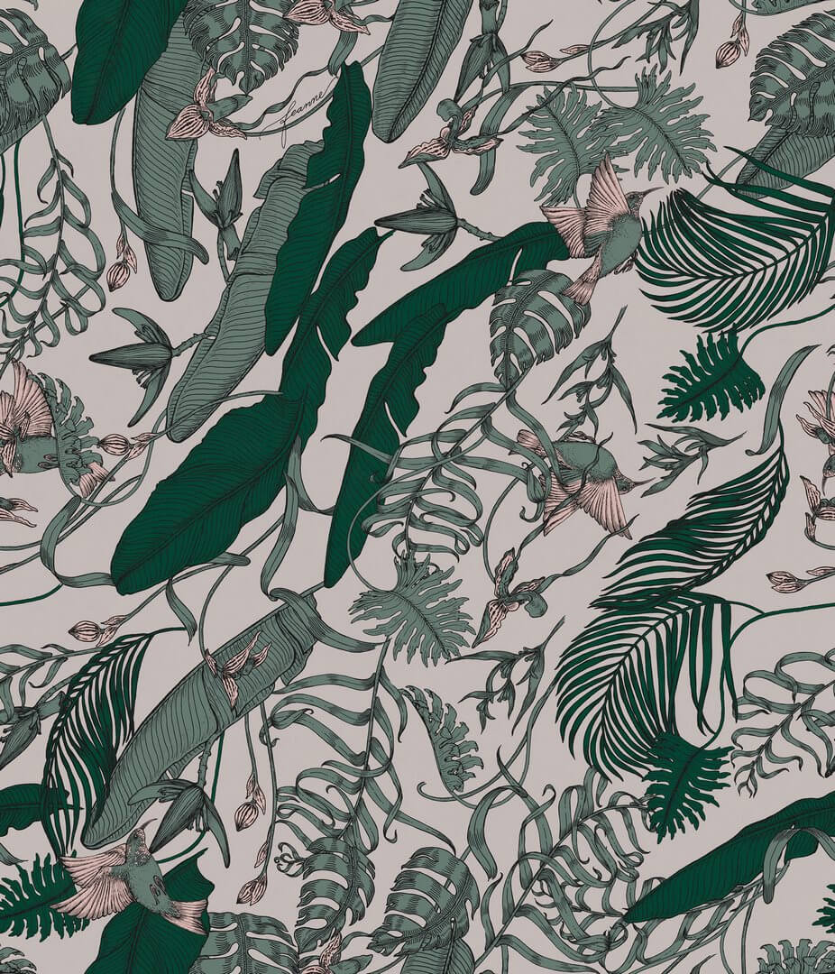 Fototapeta tropikalne liście i ptaki Tecnografica 73685-5 FEANNE: TROPICAL FOLIAGE JADE Art Collections