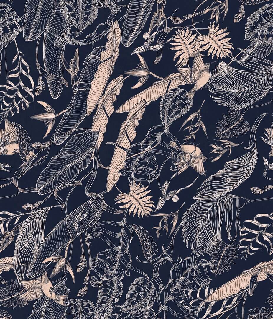 Fototapeta tropikalne liście i ptaki Tecnografica 73685-2 FEANNE: TROPICAL FOLIAGE NAVY Art Collections