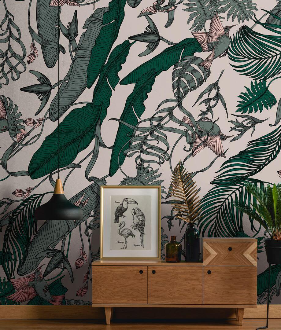 Fototapeta tropikalne liście i ptaki Tecnografica 73685-1 FEANNE: TROPICAL FOLIAGE BLACK Art Collections