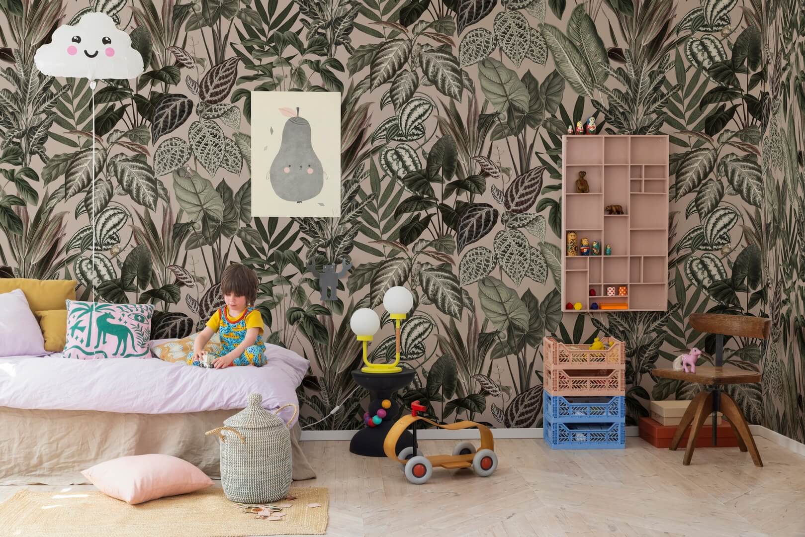 Fototapeta tropikalne rośliny i małpki Rebel Walls R14593 Mischievous Monkeys Paste Pink Wonder World