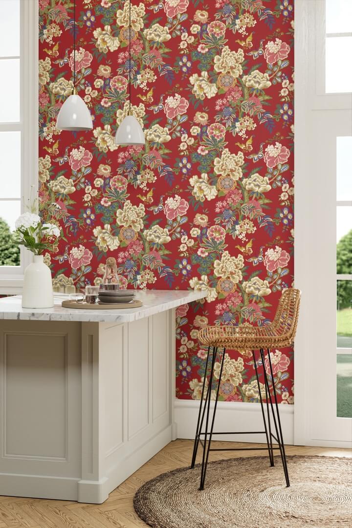 Tapeta kwiaty piwonie i motyle Sanderson 217119 Emperor Peony Water Garden