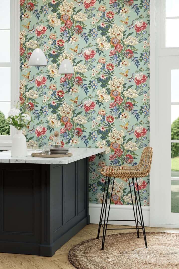 Tapeta kwiaty piwonie i motyle Sanderson 217122 Emperor Peony Water Garden
