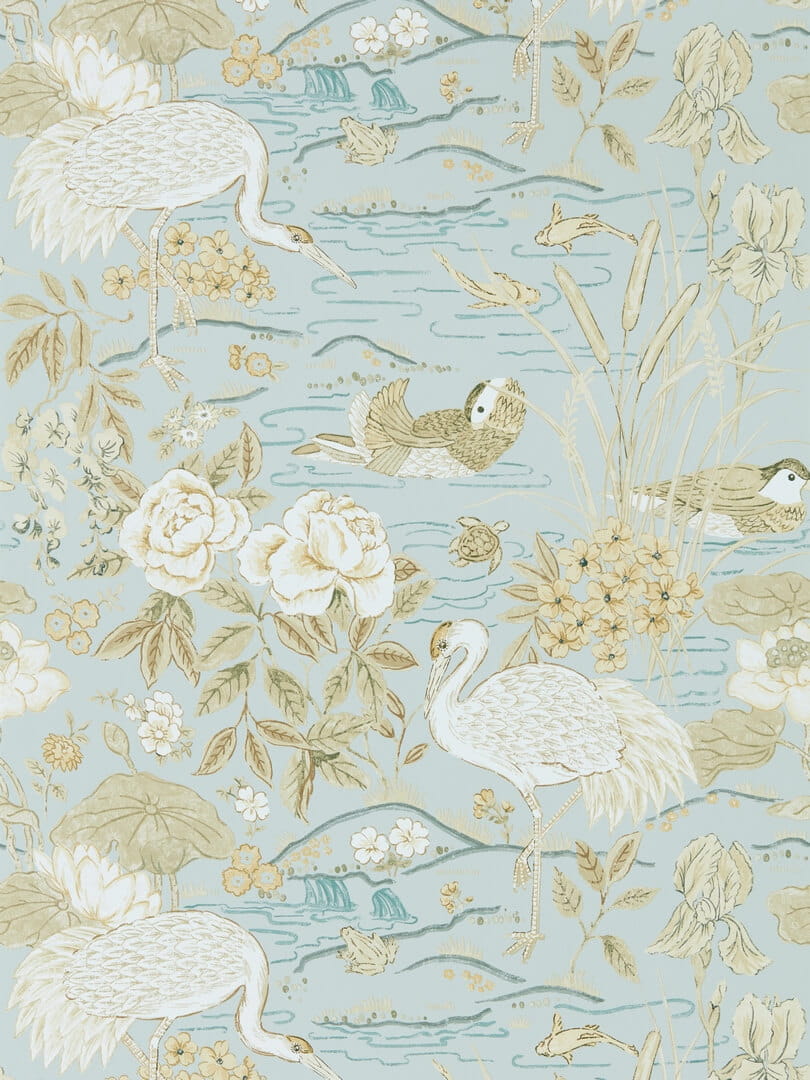 Tapeta botaniczna wodny ogród Sanderson 217125 Crane & Frog Water Garden