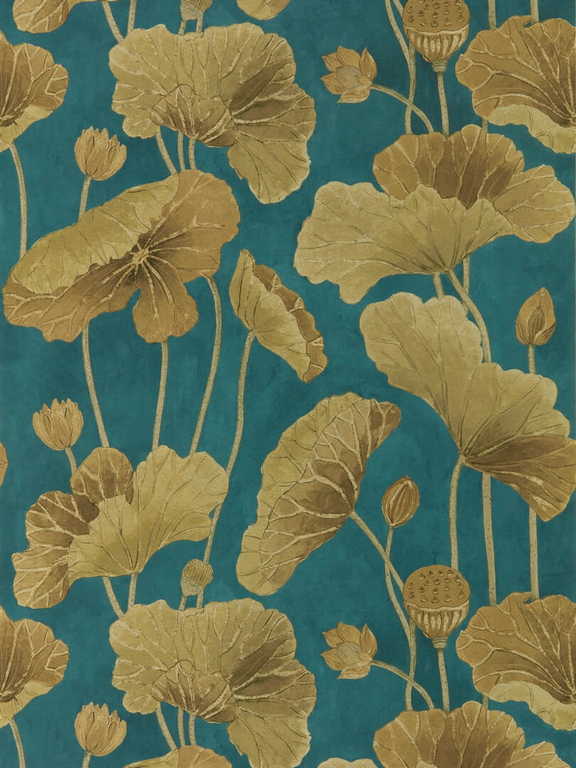 Tapeta liście lotosu miedziane Sanderson 217127 Lotus Leaf Water Garden