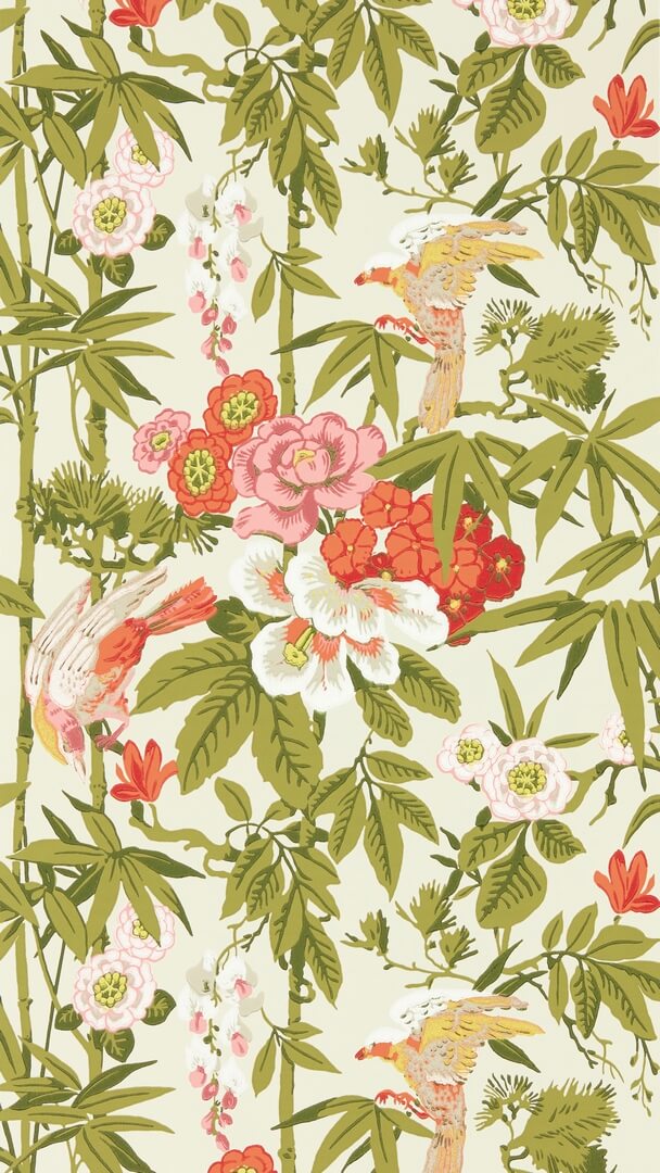 Tapeta papugi i rośliny Sanderson 217128 Bamboo & Birds Water Garden