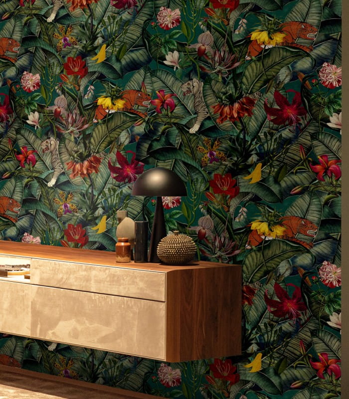 Mural egzotyczne liście i zwierzęta Wallcolors Green Island Dzień Dobry