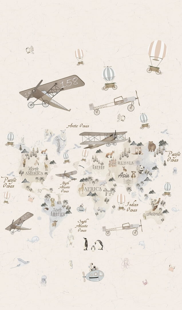 Mural mapa świata i latające maszyny Marburg 45856 Kids Walls Little Adventures