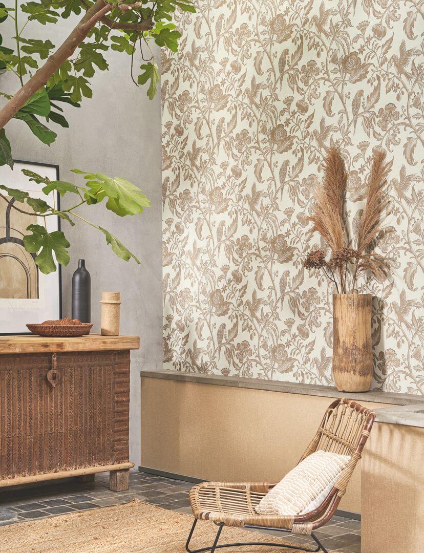 Tapeta roślinne pnącza i papugi Casadeco BALI 88161201 Etourneau Bali