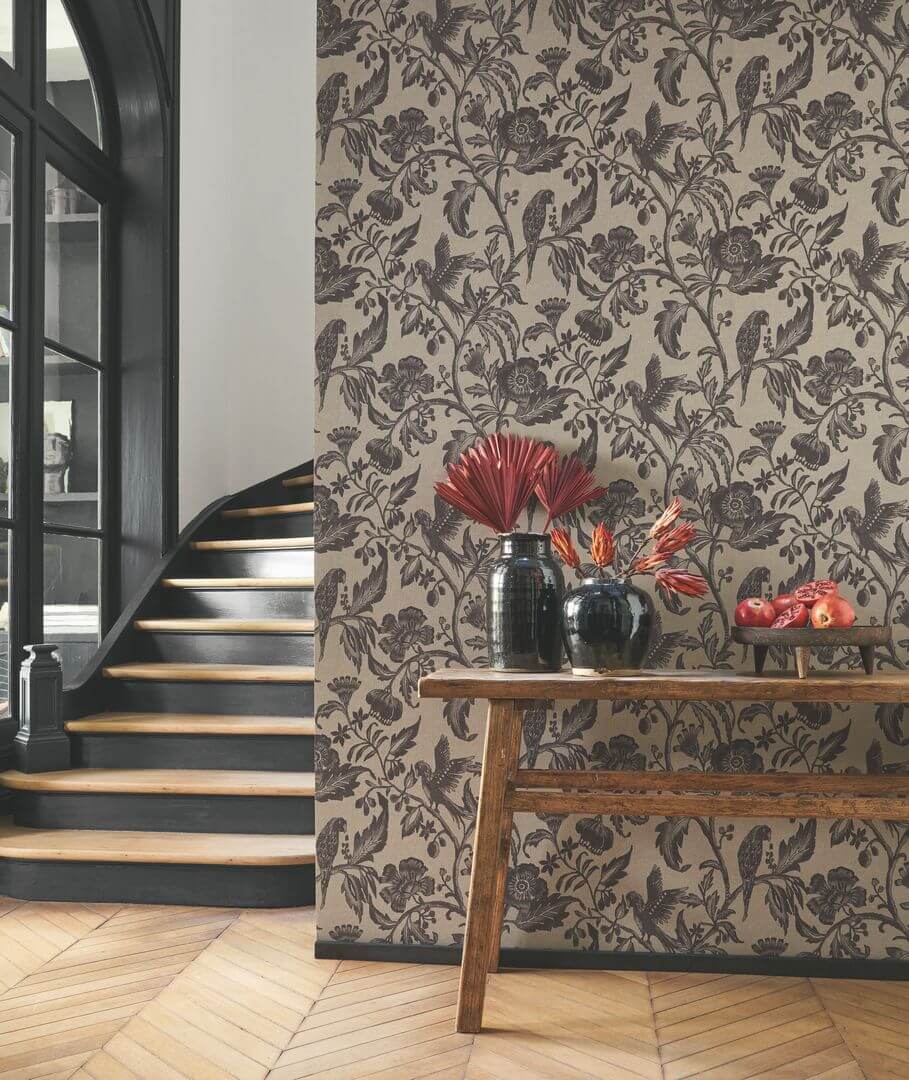 Tapeta roślinne pnącza i papugi Casadeco BALI 88161201 Etourneau Bali