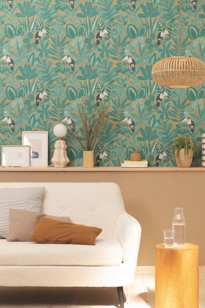 Tapeta tropikalne liście i tukany Caselio GCO 103920736 Rio Green & Co