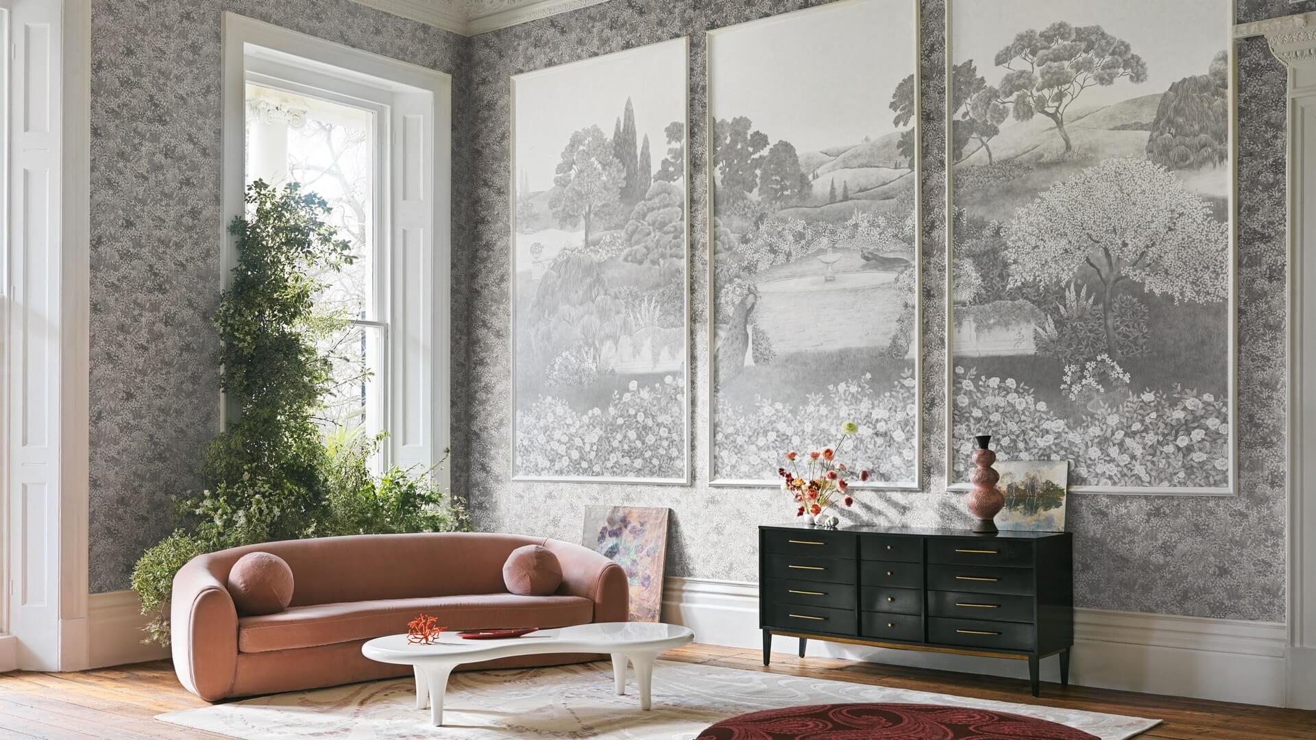 Mural krajobraz angielskiego ogrodu Cole & Son Idyll Pearl 120/1002M The Gardens (zestaw 2 rolek)