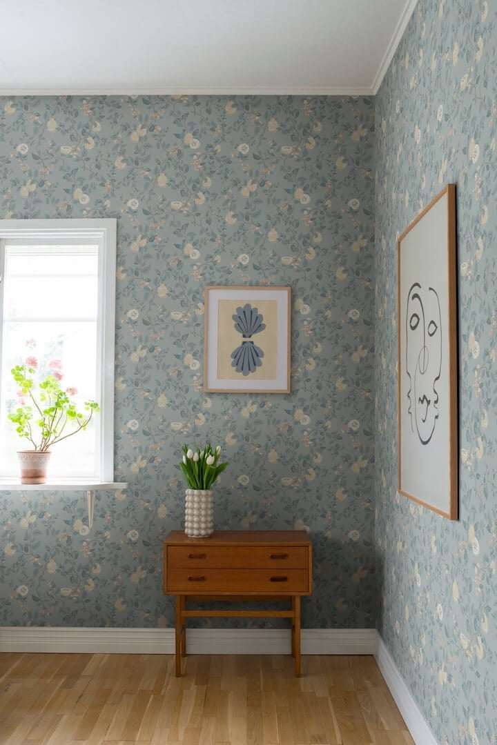 Tapeta owoce pigwy Sandberg S10168 Kvitten Soft Blue Huset i Solen