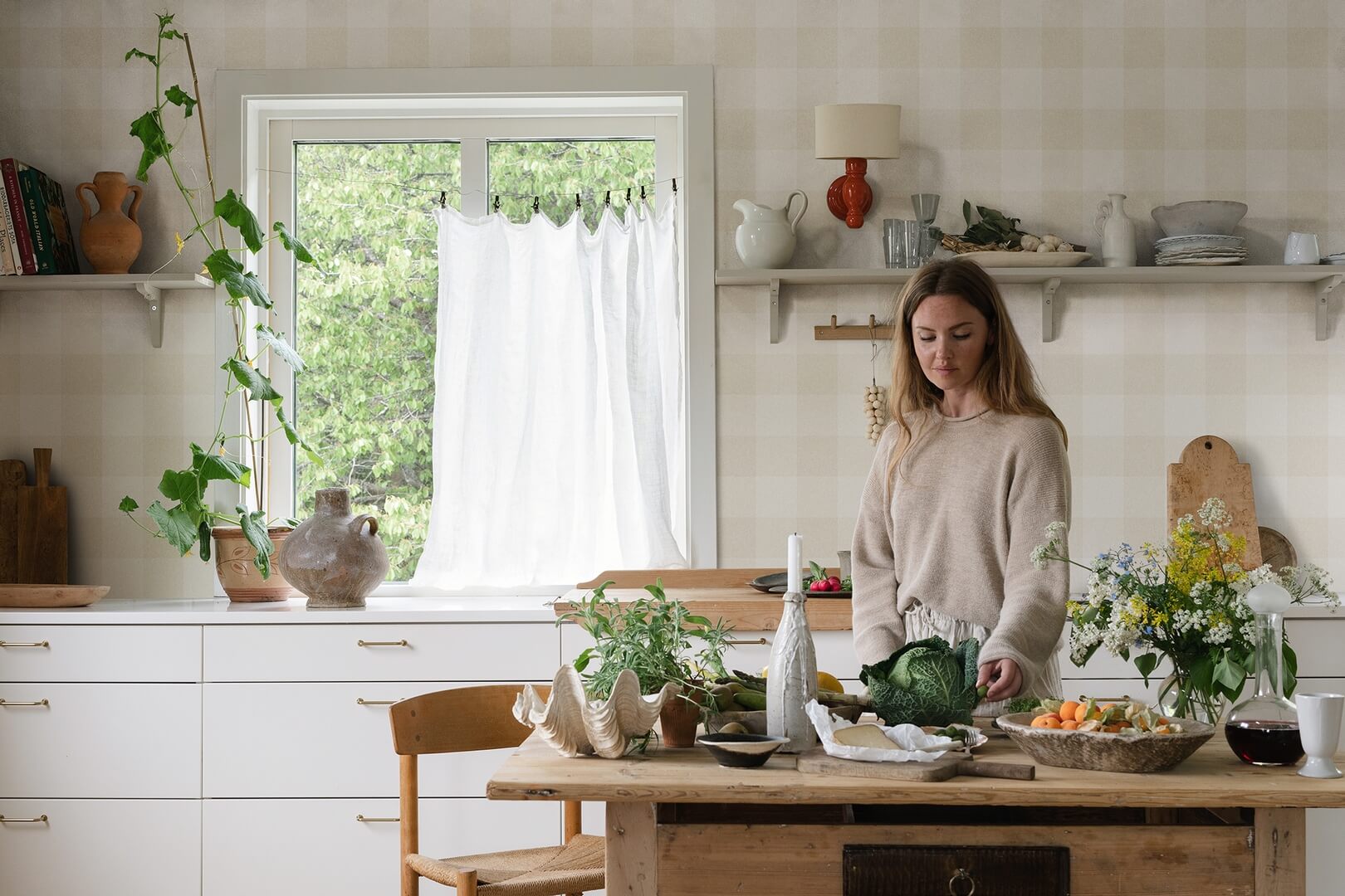 Tapeta w kratkę Sandberg S10214 Lykke Oat Villa Dalaro II