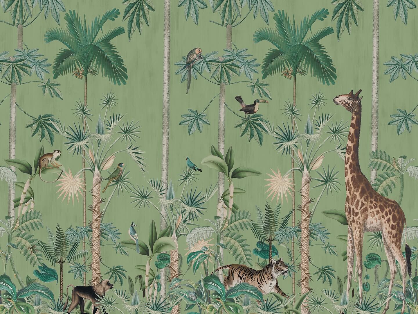 Fototapeta egzotyczne zwierzęta w dżungli Rebel Walls R16793 Giraffe's Stroll Emerald Rebel Favorites