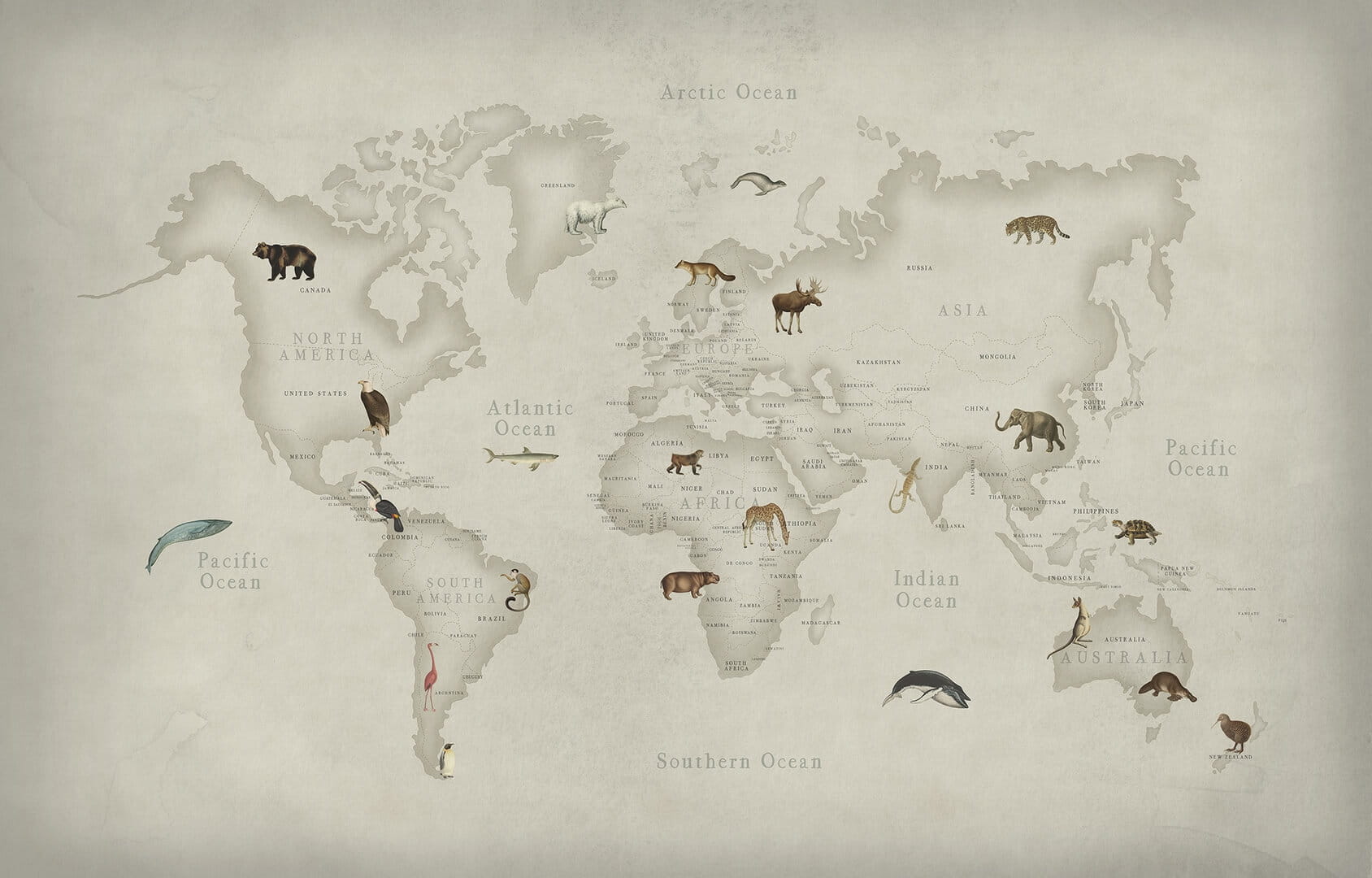 Fototapeta mapa świata i dzikie zwierzęta Rebel Walls R17231 Animal World Rebel Favorites