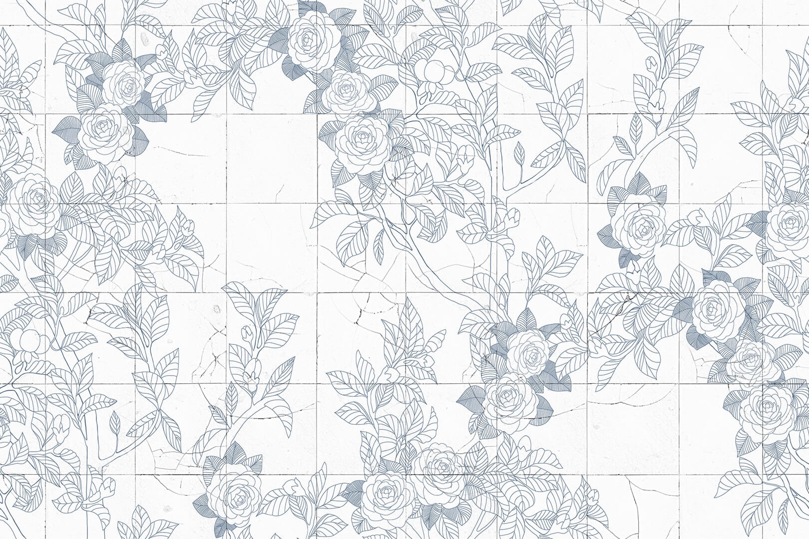 Fototapeta płytki z różami Rebel Walls R19311 Rose Tiles Blue Imperfections