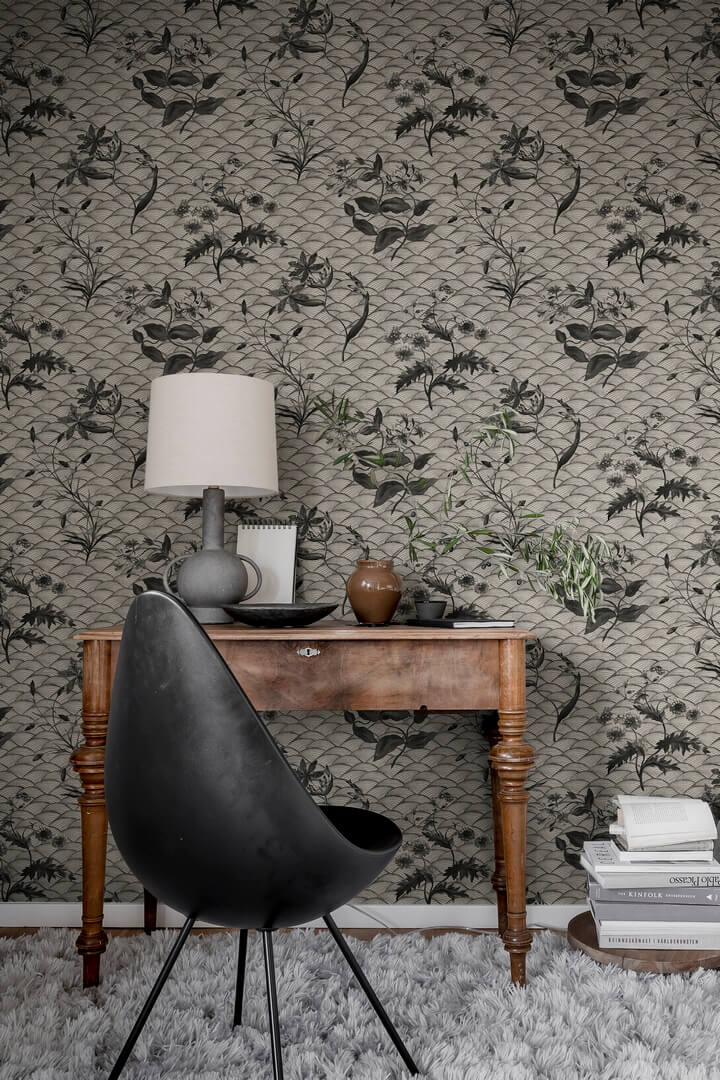 Fototapeta w japońskim stylu Rebel Walls R19322 Floral Ripple Graphite Imperfections