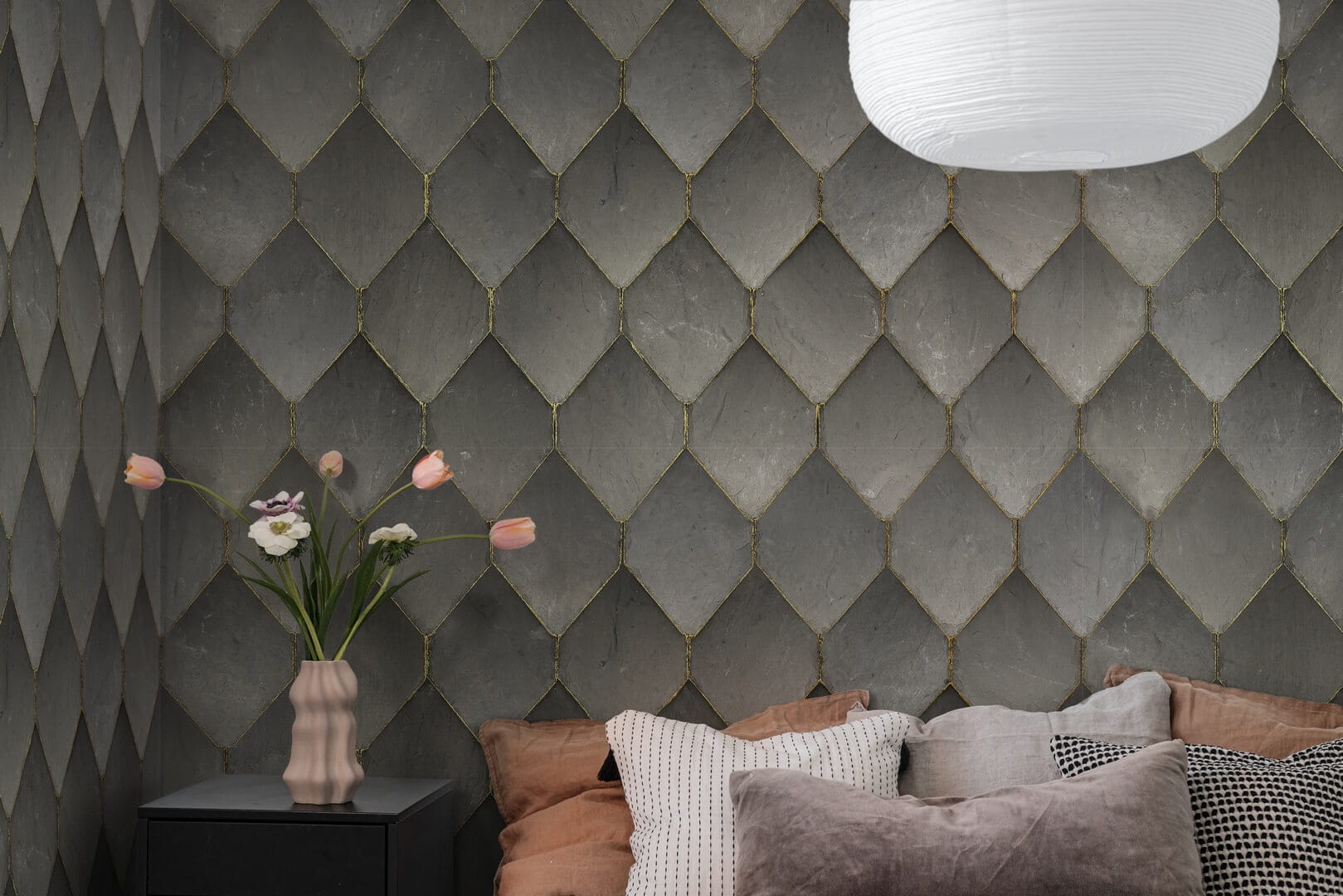 Fototapeta jak płytki ze złotą fugą Rebel Walls R19331 Osaka Tiles Grey Imperfections