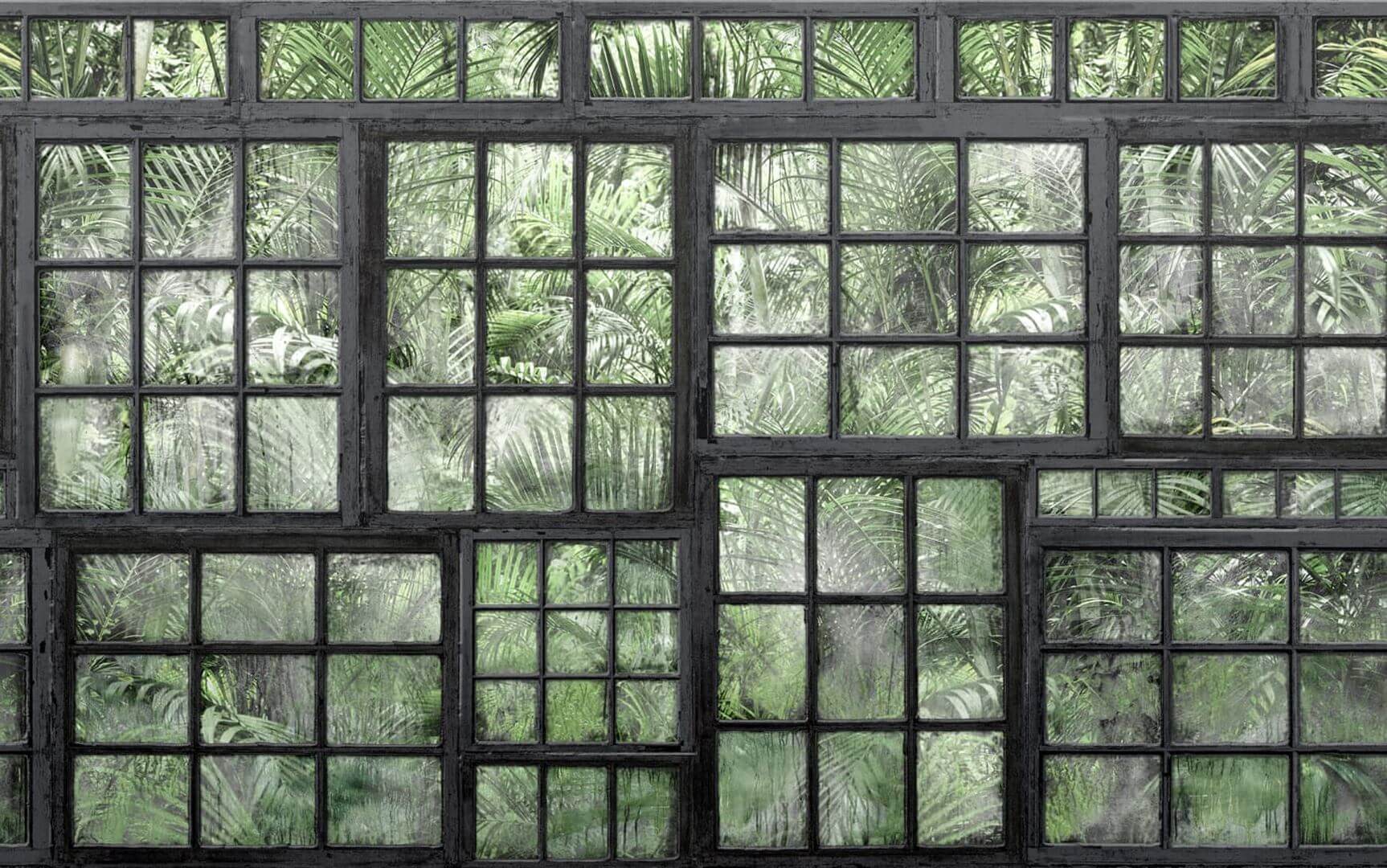 Fototapeta okna vintage dżungla Rebel Walls R14372 Perspective Jardin, Noir Well-Being